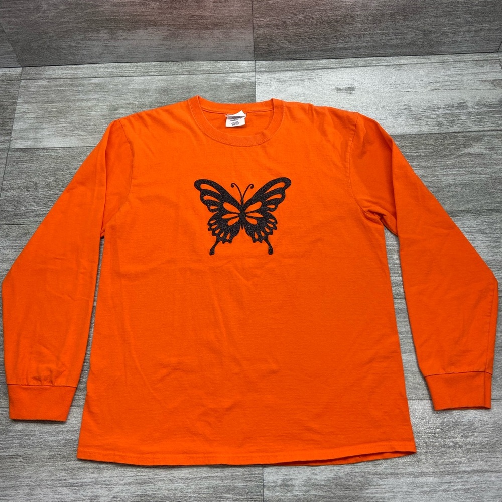 Butterfly Long Sleeve Tshirt Orange Black Used Adult Size Large 100% Cotton